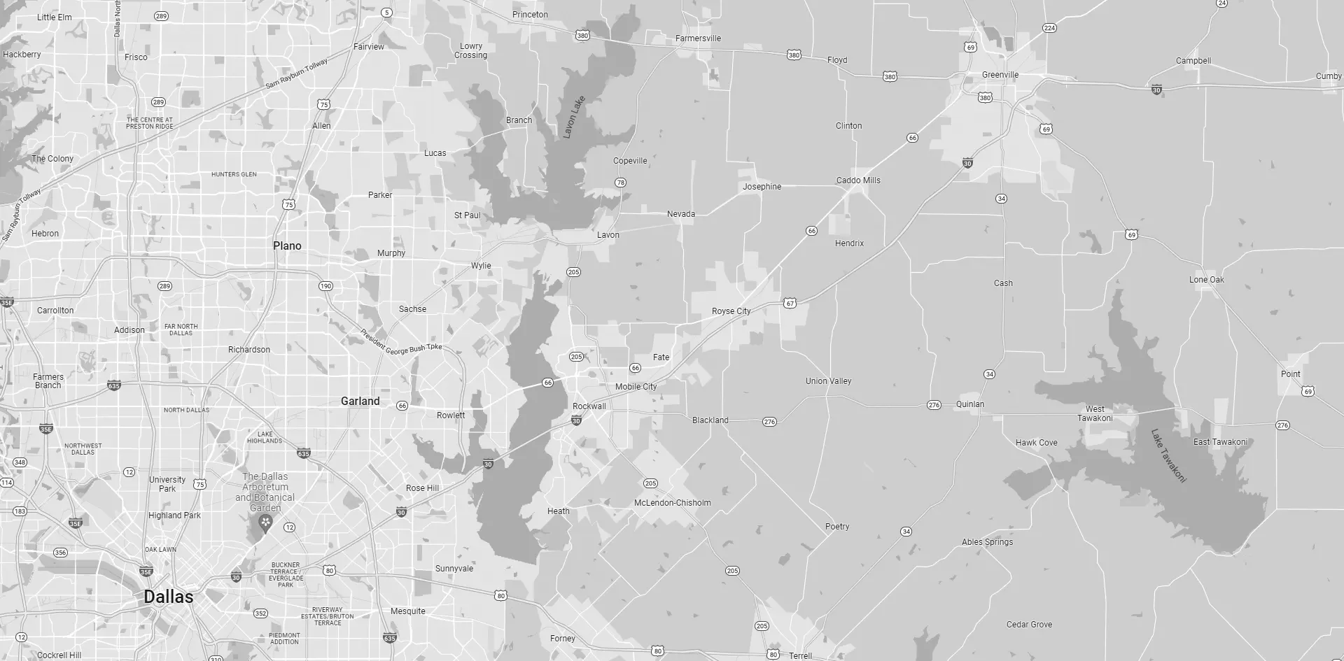 Rockwall, TX area map in black and white.